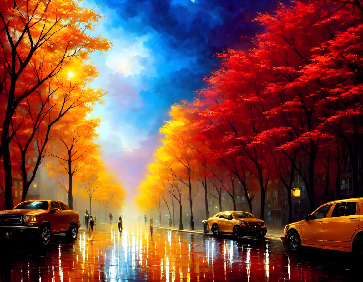 Vibrant night street scene with red trees, wet pavement, cars, and silhouettes under