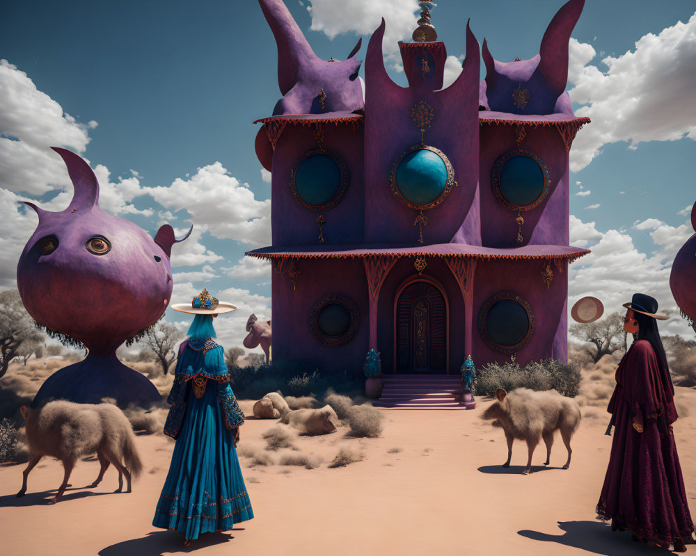 Colorfully dressed duo near unique purple building in desert landscape.