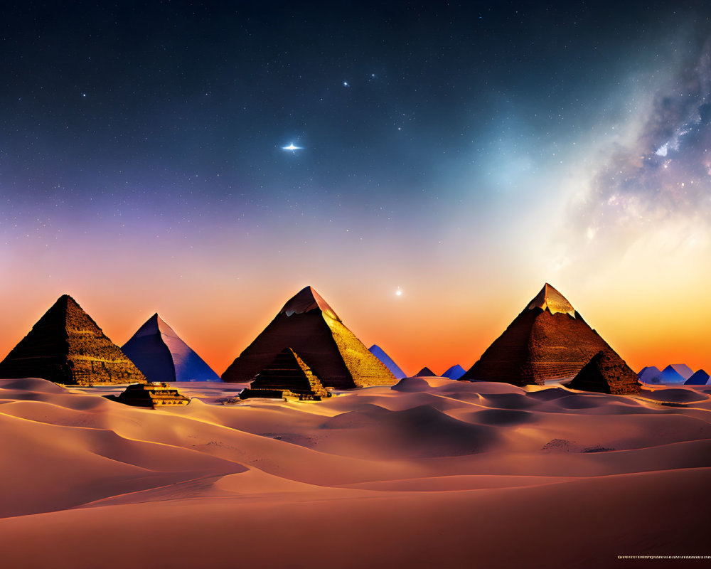 Ancient Pyramids of Giza at Night with Starry Sky and Milky Way