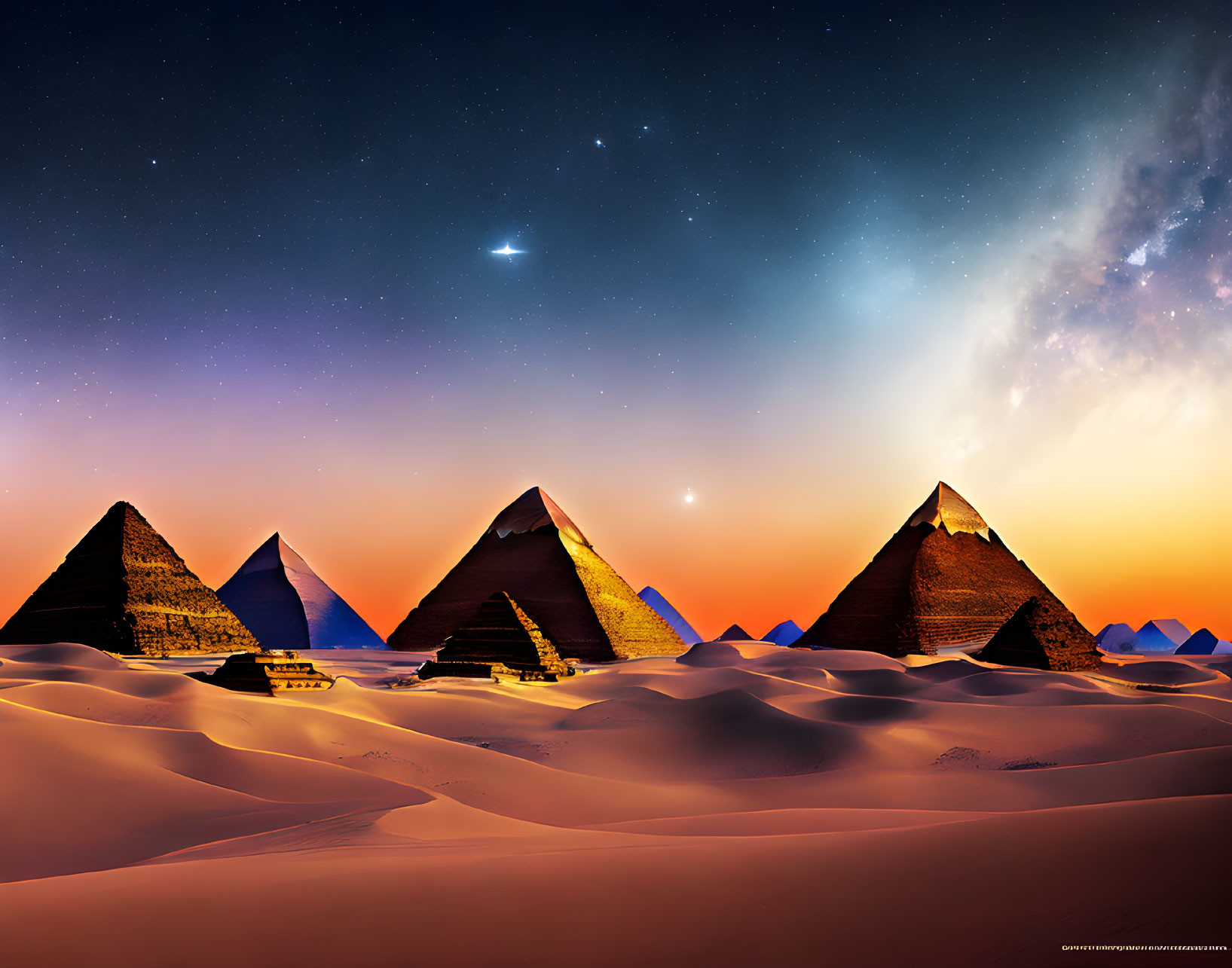 Ancient Pyramids of Giza at Night with Starry Sky and Milky Way