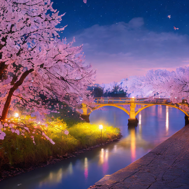 Cherry Blossoms Night Scene with Stone Bridge and Street Lamps