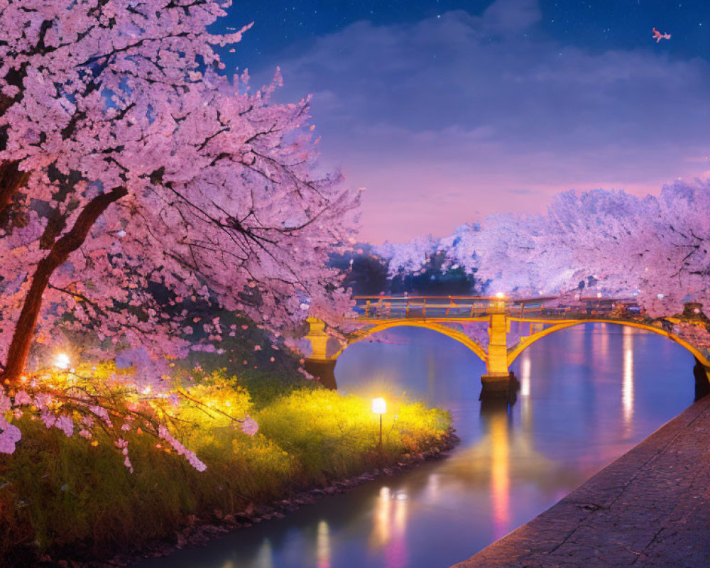 Cherry Blossoms Night Scene with Stone Bridge and Street Lamps