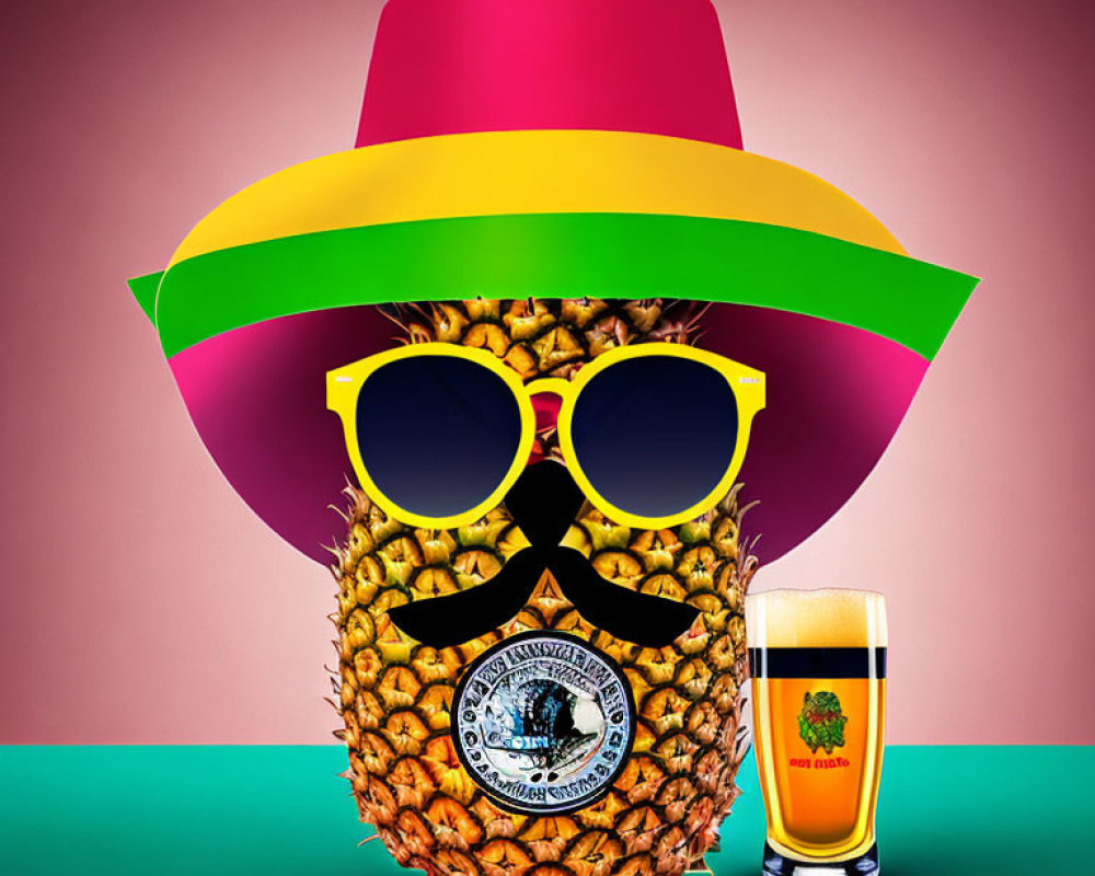 Cartoon Pineapple with Sombrero and Sunglasses Beside Juice Glass on Pink and Green Background