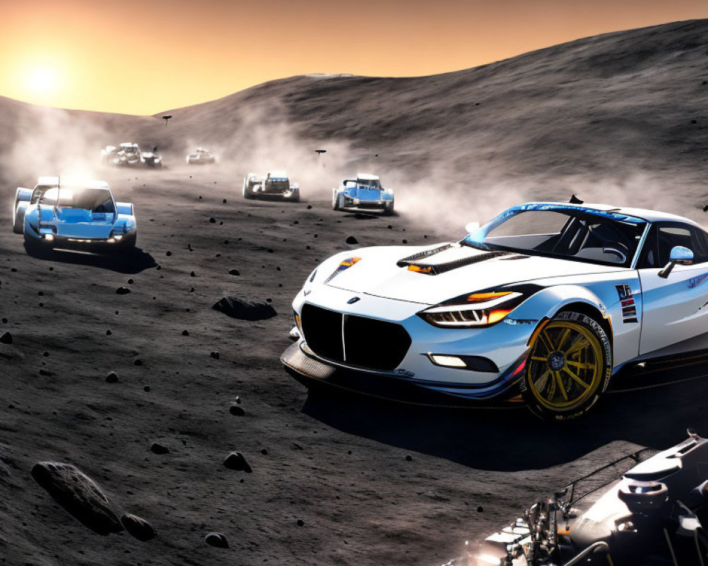 Speeding Race Cars on Moon-Like Terrain at Sunset