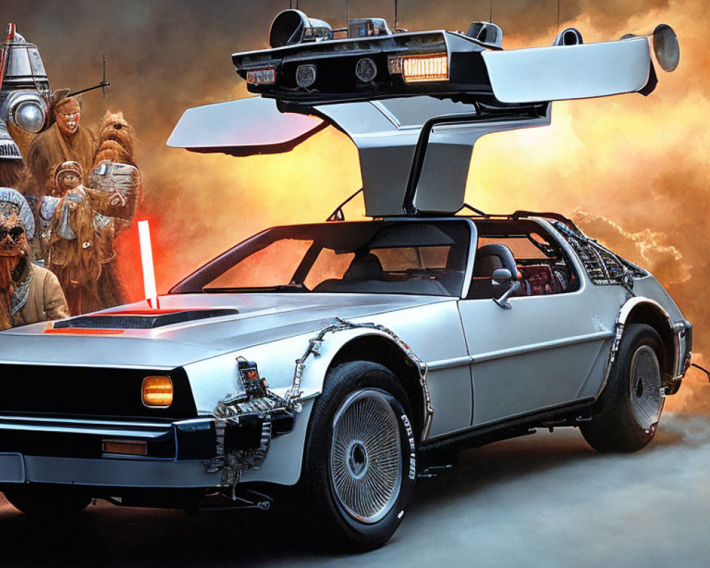 DeLorean car with open doors and Star Wars characters including Wookiees and Sith