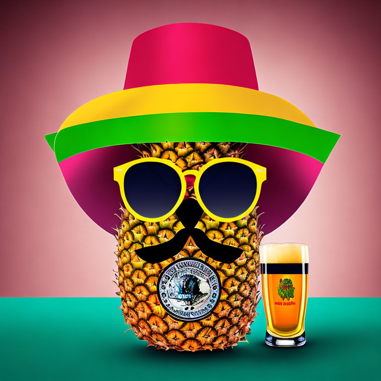 Cartoon Pineapple with Sombrero and Sunglasses Beside Juice Glass on Pink and Green Background