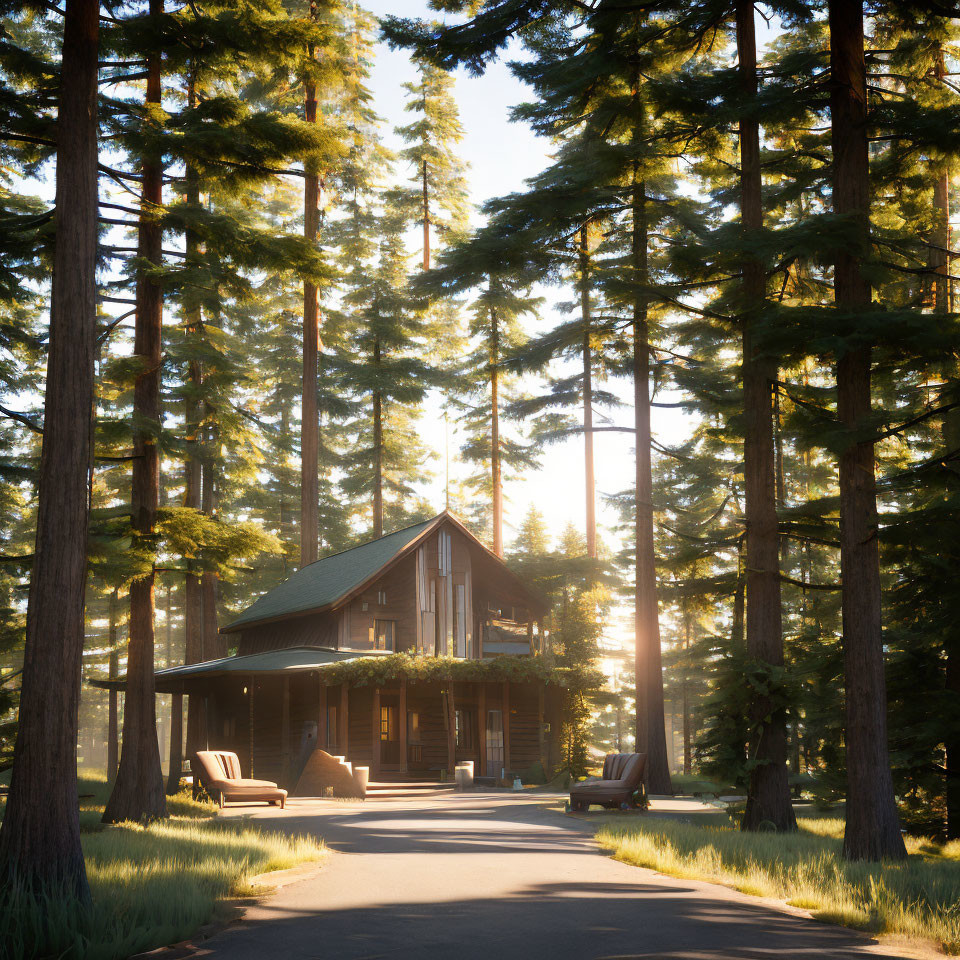 Tranquil cabin surrounded by pine trees at sunset