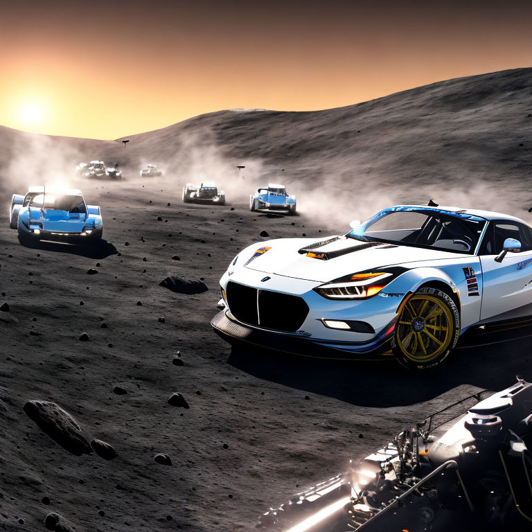 Speeding Race Cars on Moon-Like Terrain at Sunset