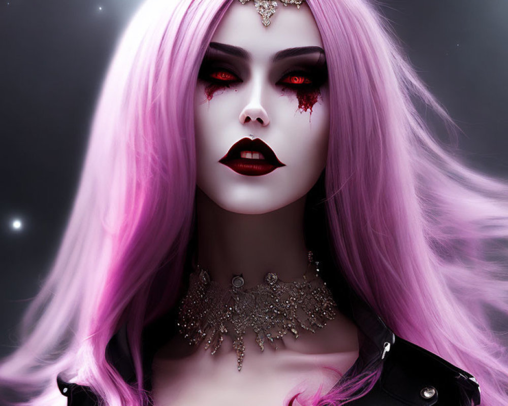 Gothic fantasy character with pink hair, red eyes, and blood-red tears makeup