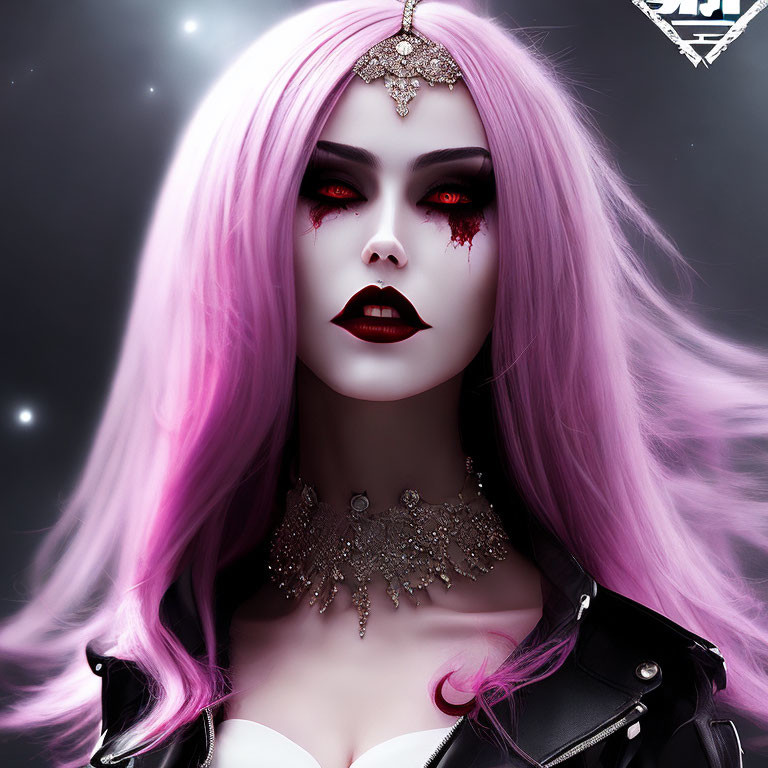 Gothic fantasy character with pink hair, red eyes, and blood-red tears makeup