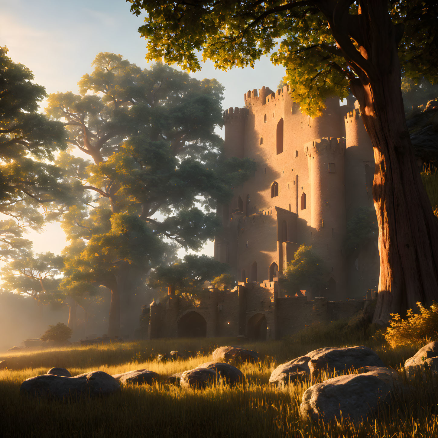 Tranquil woods with old castle in warm sunlight