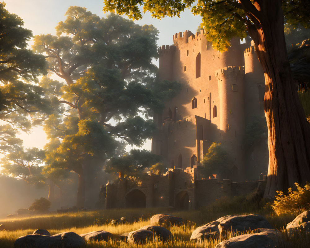 Tranquil woods with old castle in warm sunlight