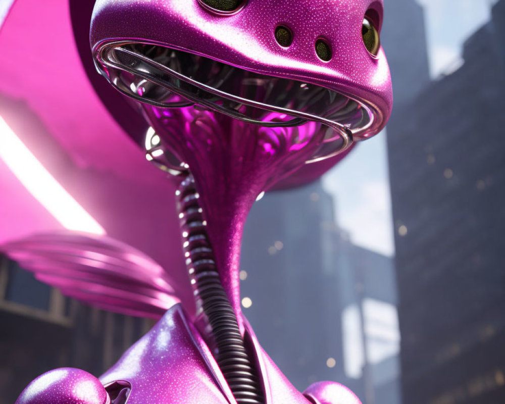 Purple anthropomorphic robot with long neck and friendly grin in cityscape