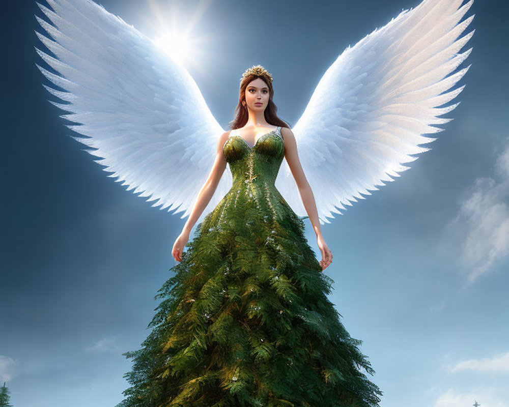 Digital art: Woman with angelic wings and pine tree gown in cloudy sky.