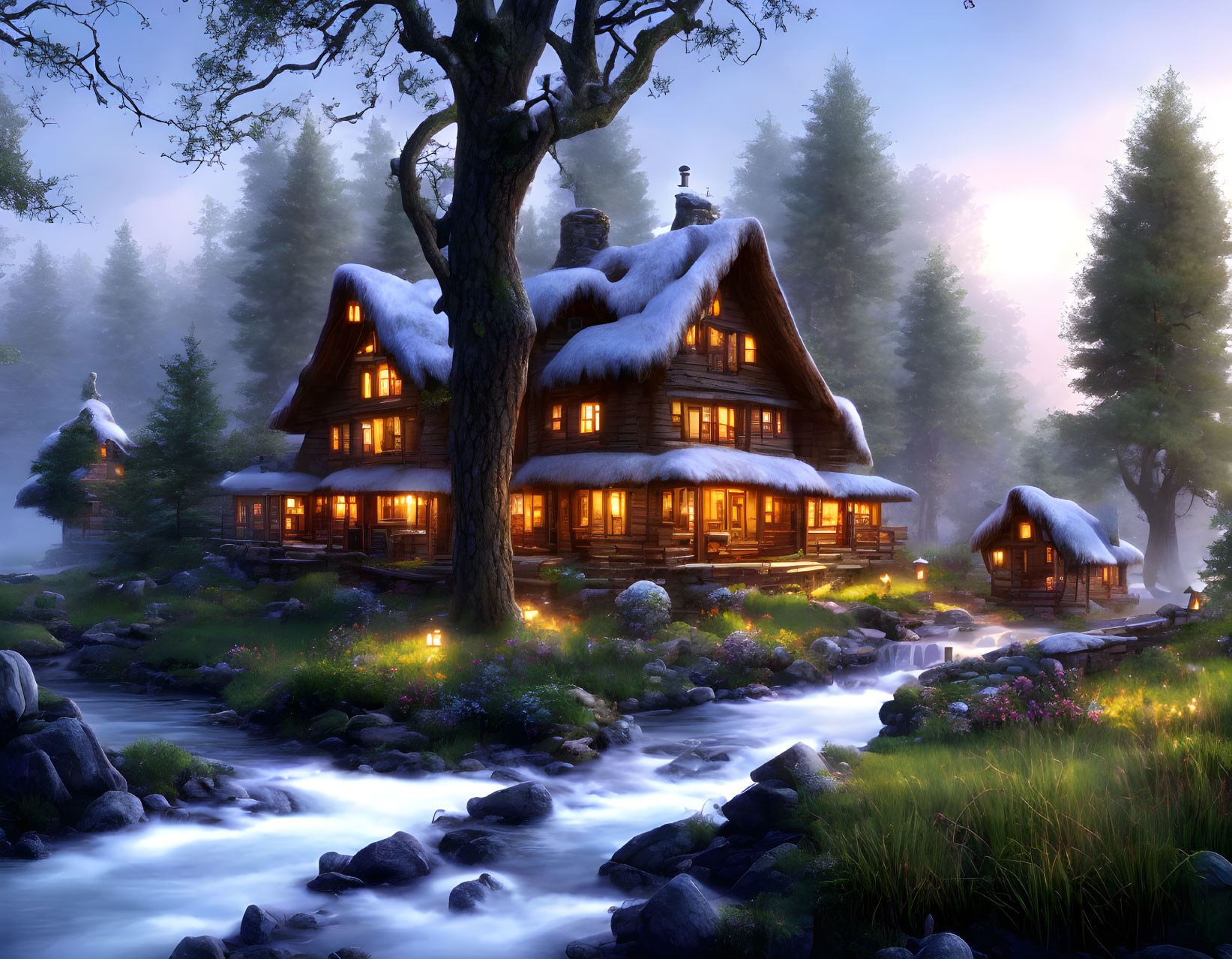 Snow-covered log cabin in serene twilight setting with babbling stream and lush greenery