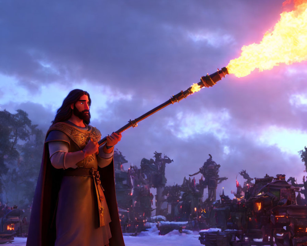 Regal figure in cape with flaming staff before army in snowy twilight