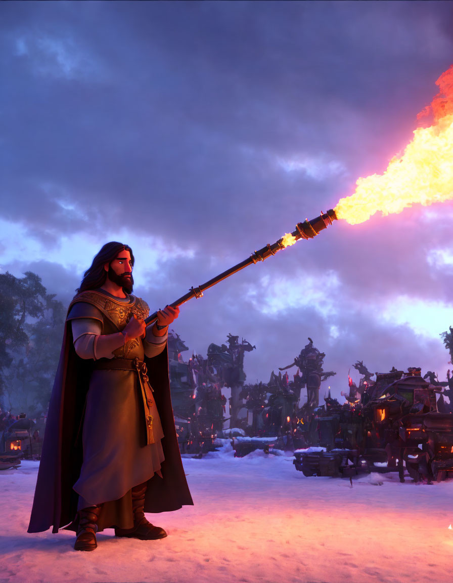 Regal figure in cape with flaming staff before army in snowy twilight