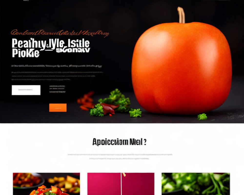 Webpage showcasing large tomato, black background, food ads for burgers, menu options, and logo.