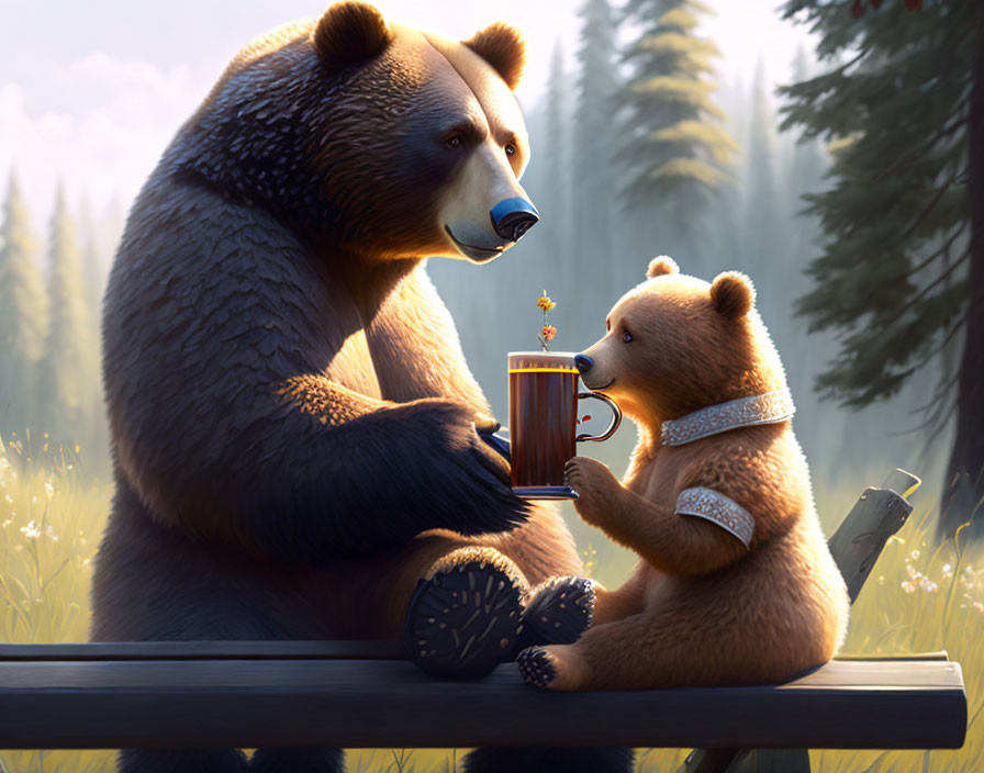 Adult bear and cub with mug on tranquil forest bench