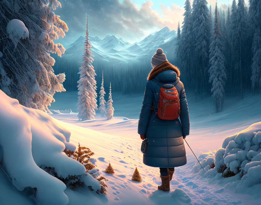 Blue-coated person in snowy landscape with pine trees and mountains at sunrise or sunset