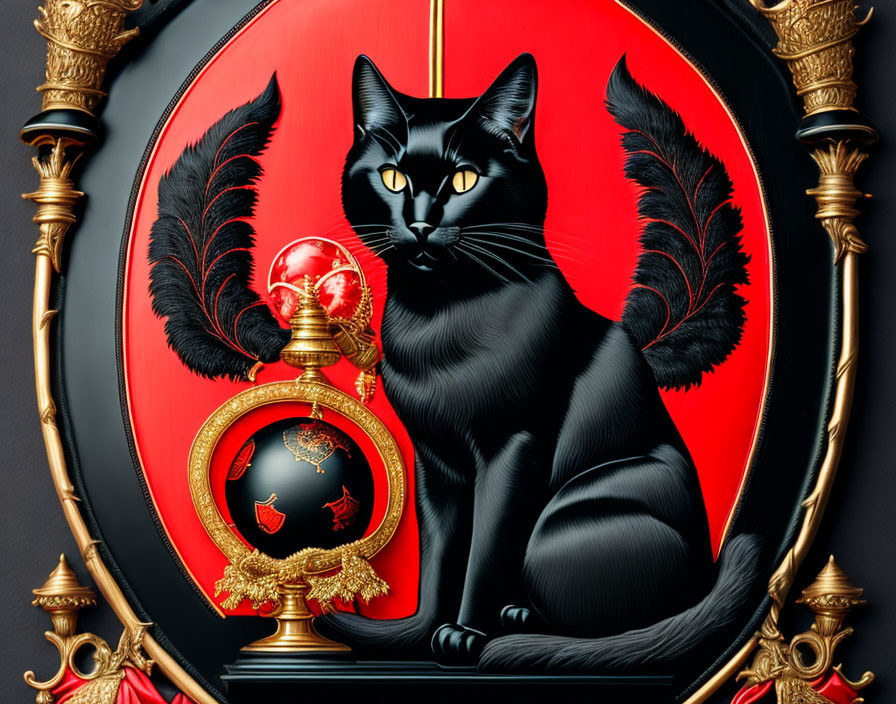 Regal black cat with glossy coat holding red orb on golden backdrop