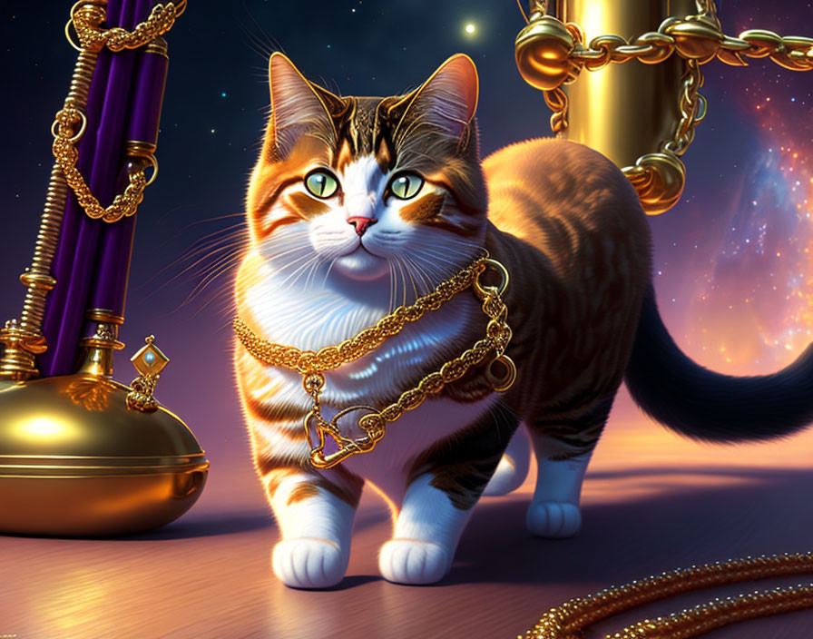 Stylized illustration of orange and white cat with gold chains against cosmic backdrop