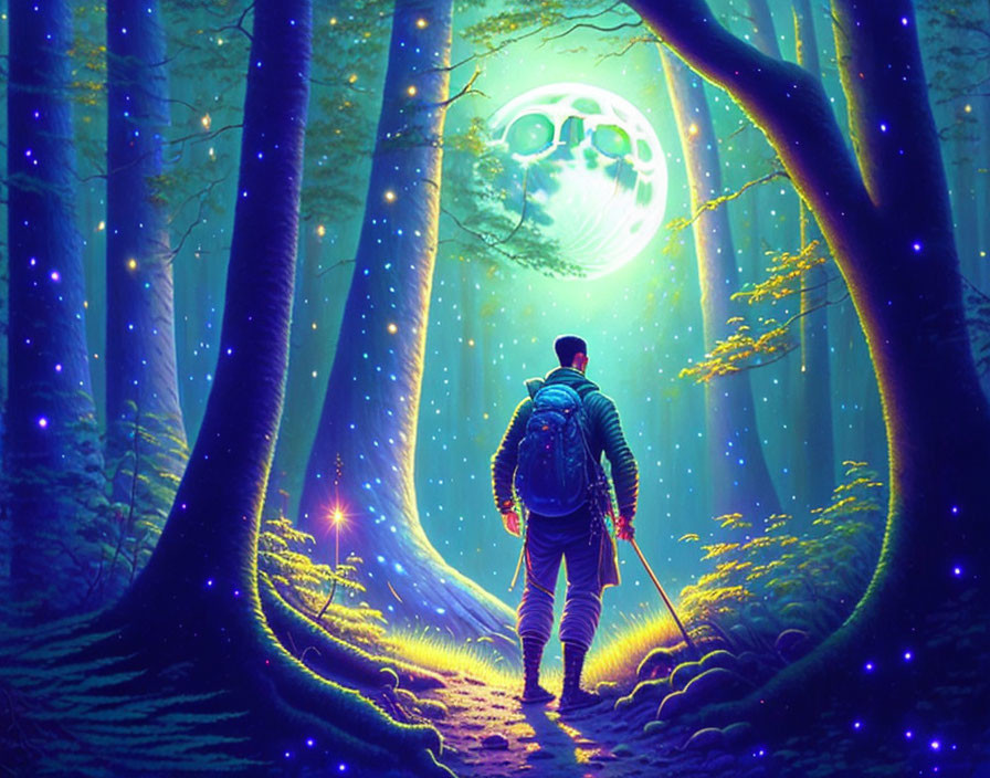 Traveler in Moonlit Forest with Blue Flora and Light Particles