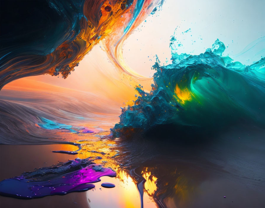 Colorful surreal wave art on warm gradient background with dynamic motion and splashes