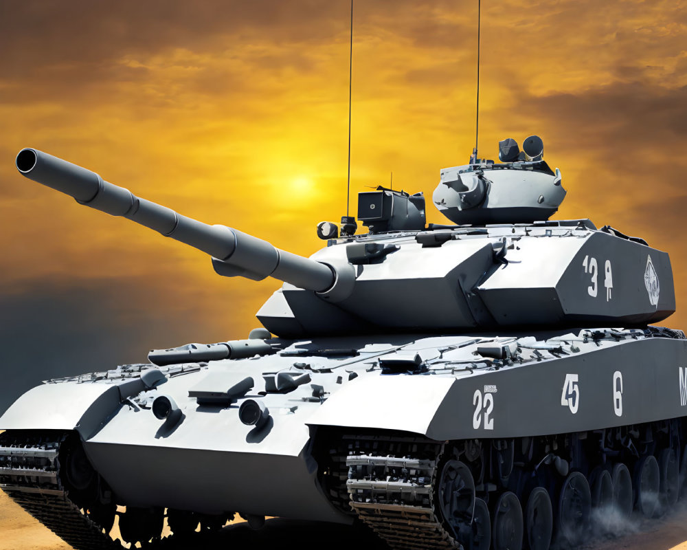 Military battle tank against dramatic sunset sky with white markings