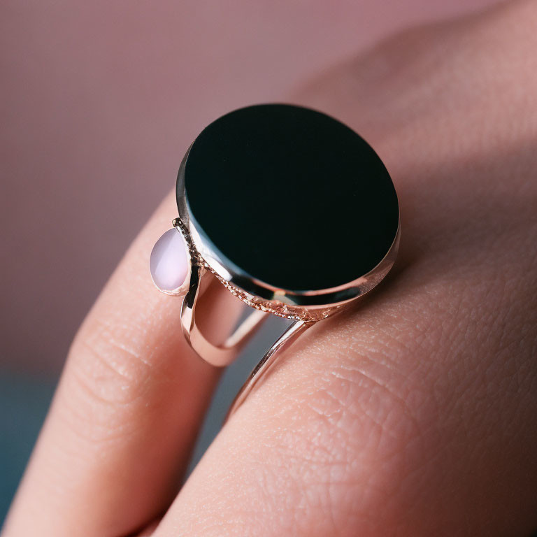 Rose Gold Ring with Large Black Gemstone & Opal Accent