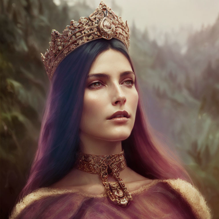 Regal Woman with Blue-Purple Hair and Golden Crown in Misty Forest