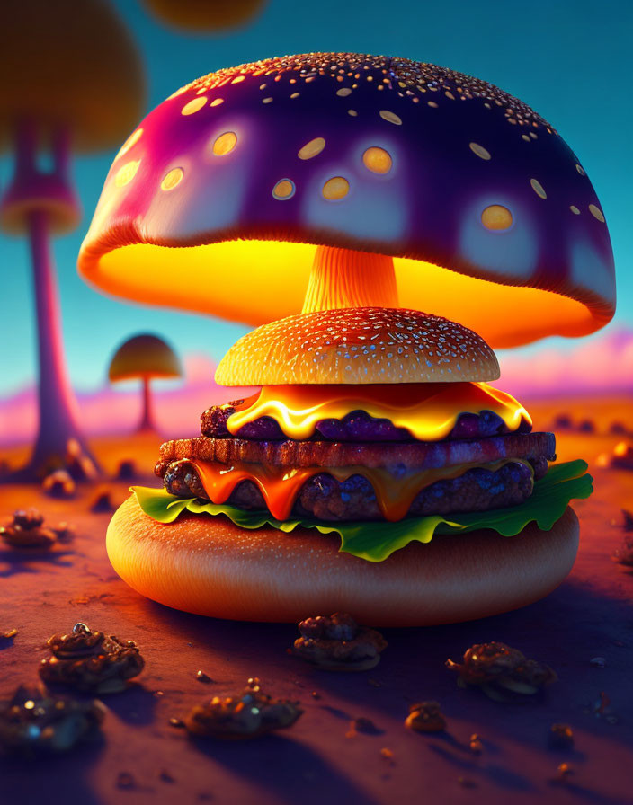 Colorful Cheeseburger with Mushroom Bun in Sunset Landscape