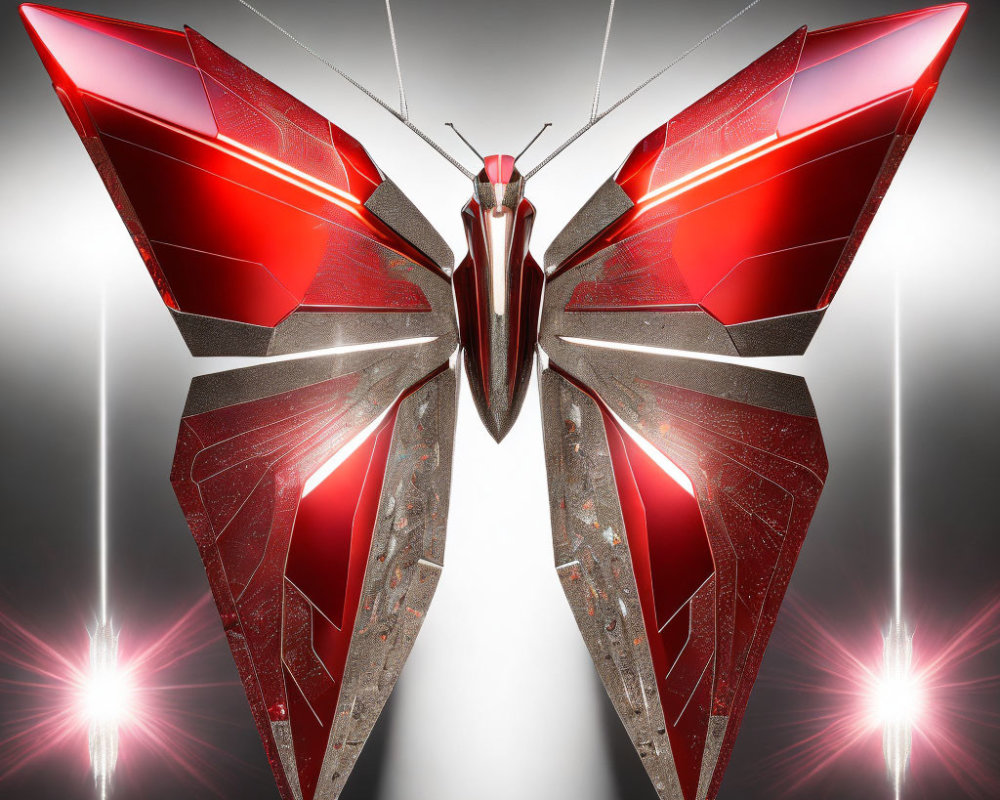 Futuristic red and silver metallic butterfly on dark background