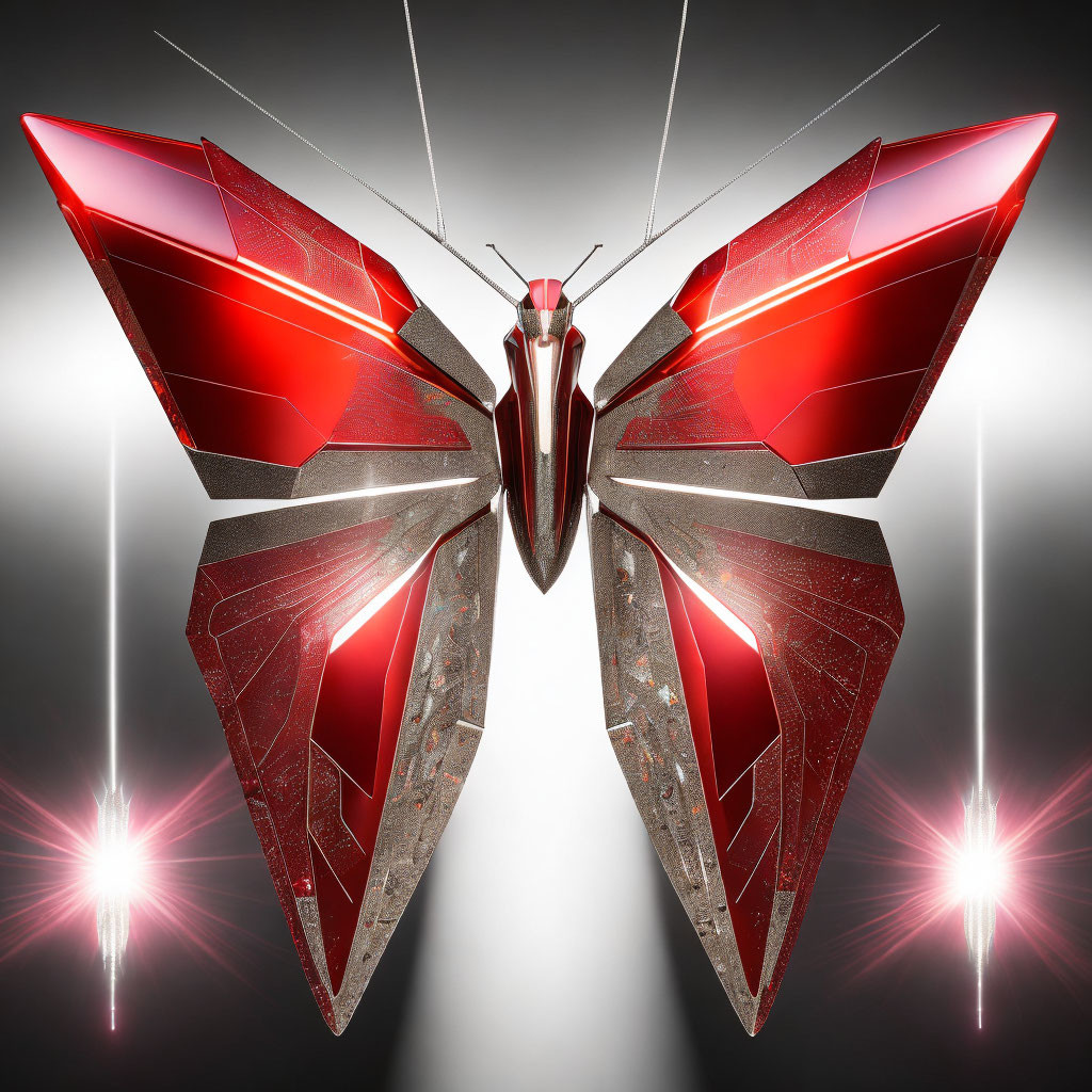 Futuristic red and silver metallic butterfly on dark background