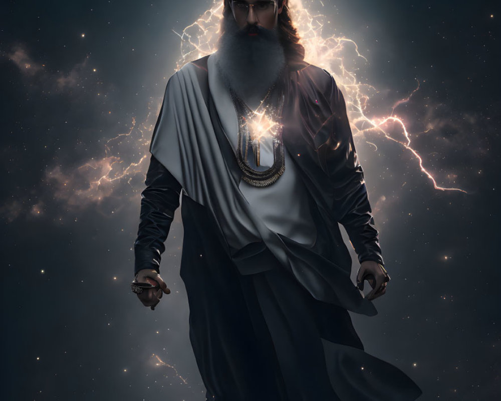 Majestic figure with glowing amulet and lightning in flowing robes against starry backdrop