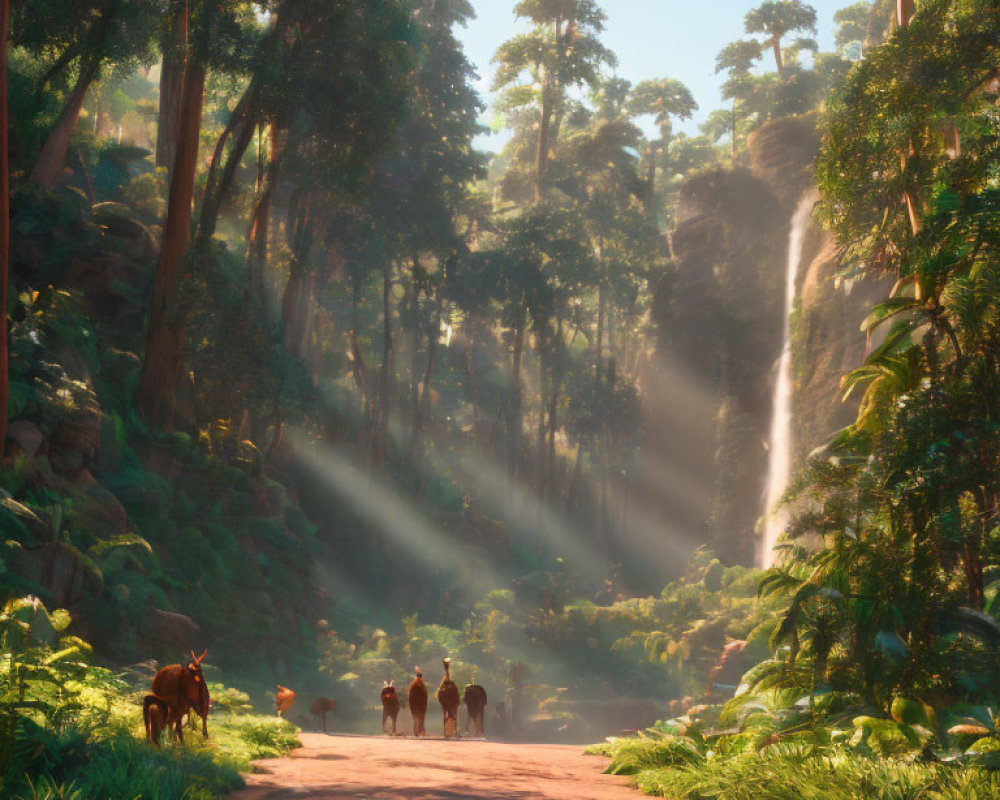 Tranquil forest scene with waterfall, sunlight beams, path, and group with horse