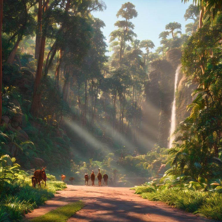 Tranquil forest scene with waterfall, sunlight beams, path, and group with horse