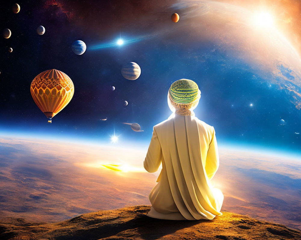 Person in traditional attire gazes at surreal cosmic scene with planets and hot-air balloon