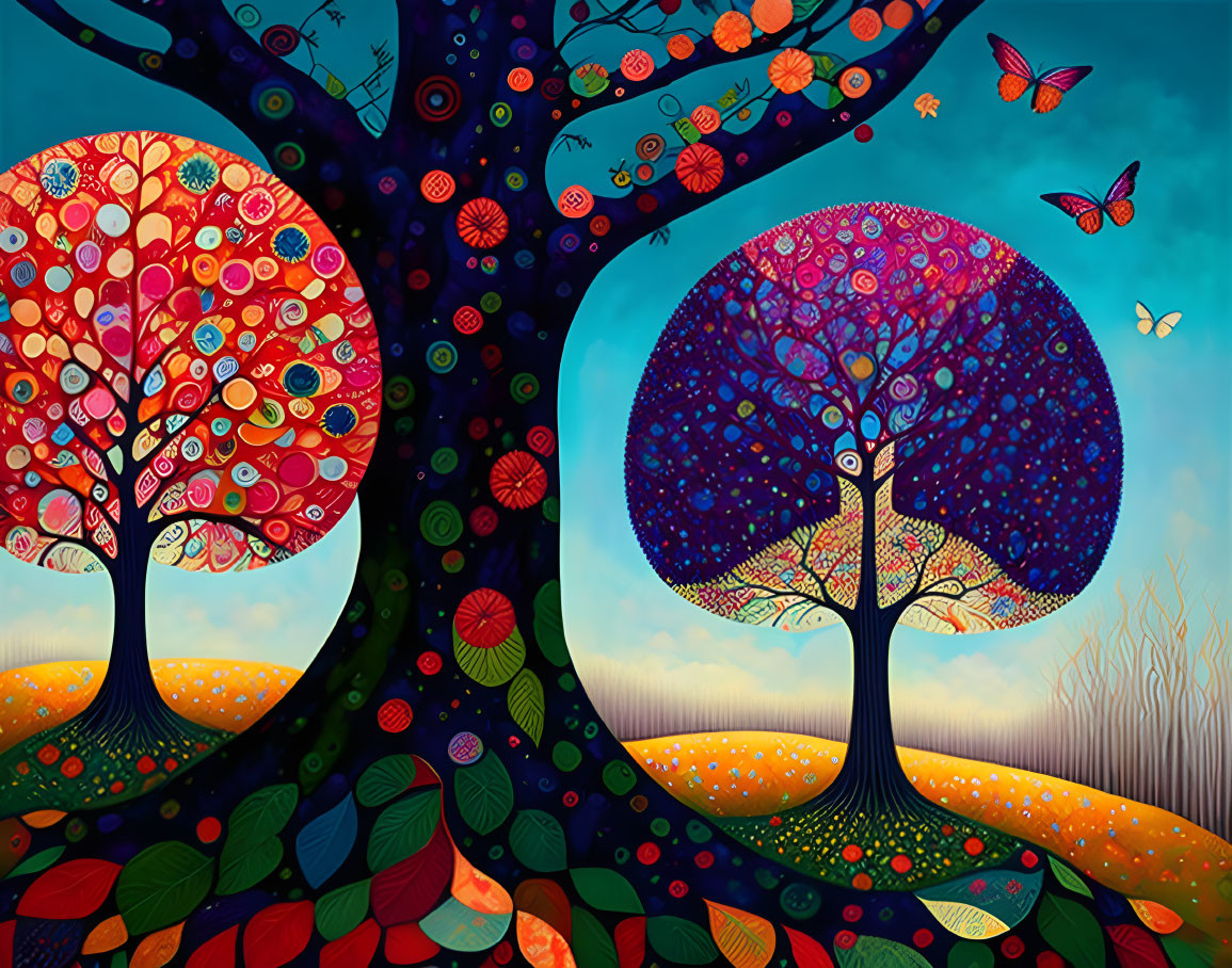 Vibrant, stylized trees with patterned leaves and butterflies in whimsical scene