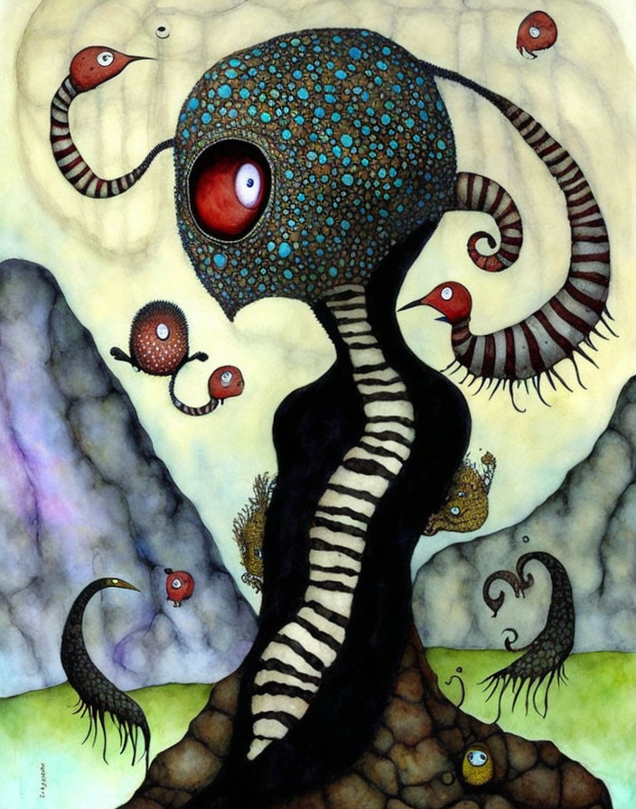 Colorful whimsical painting of creature with speckled head and tentacle-like appendages