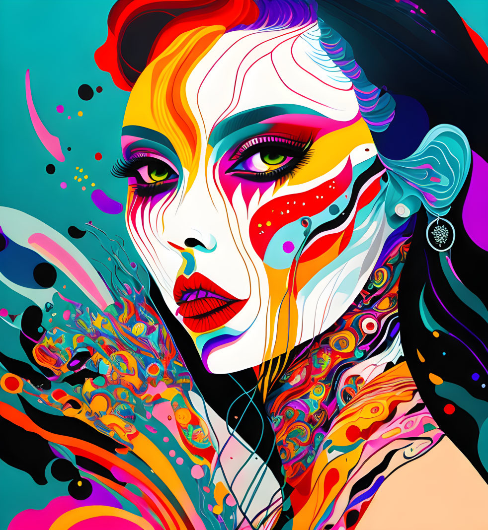 Colorful abstract portrait of a woman with multicolored patterns and red lips