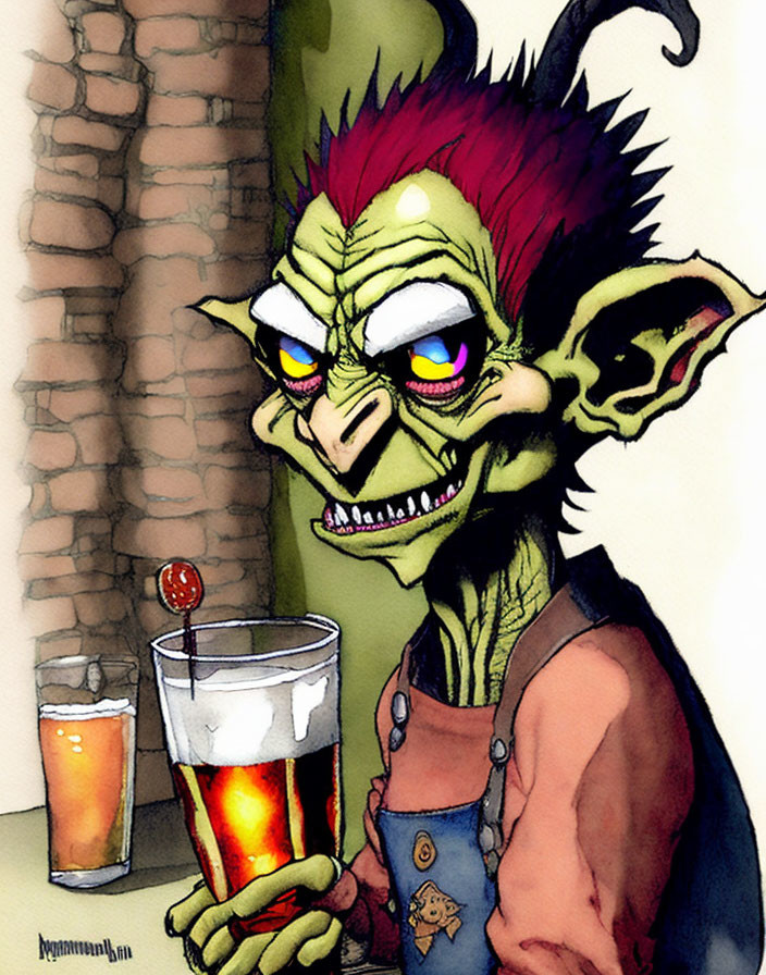 Green-skinned goblin creature with beer glass against brick wall