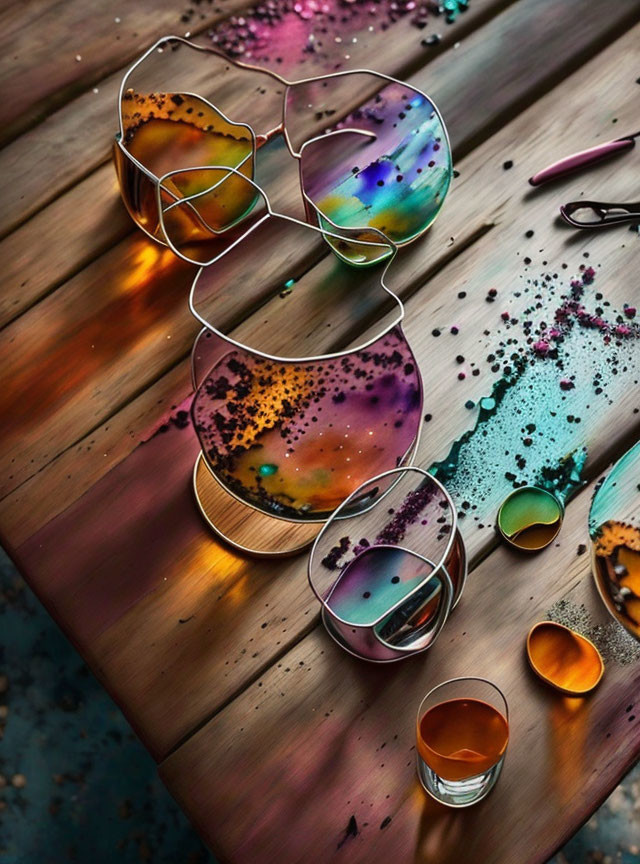 Colorful Spilt Paint Glasses Sequence on Wooden Surface