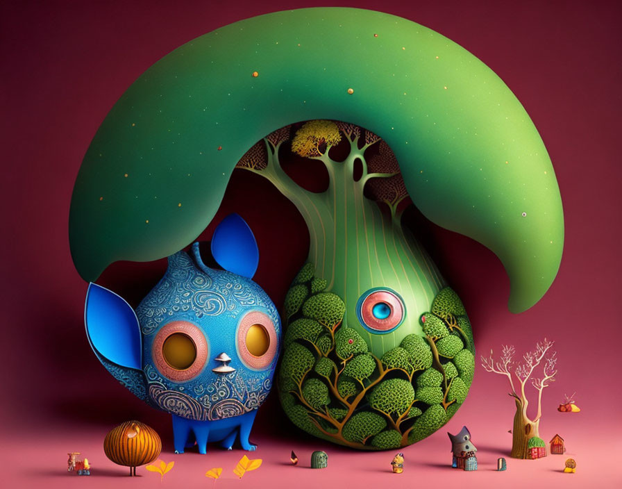 Colorful illustration of a blue creature under a giant leaf with miniature trees and houses.