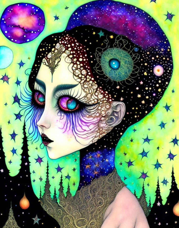 Colorful woman with galaxy hair and intricate tattoos in cosmic setting