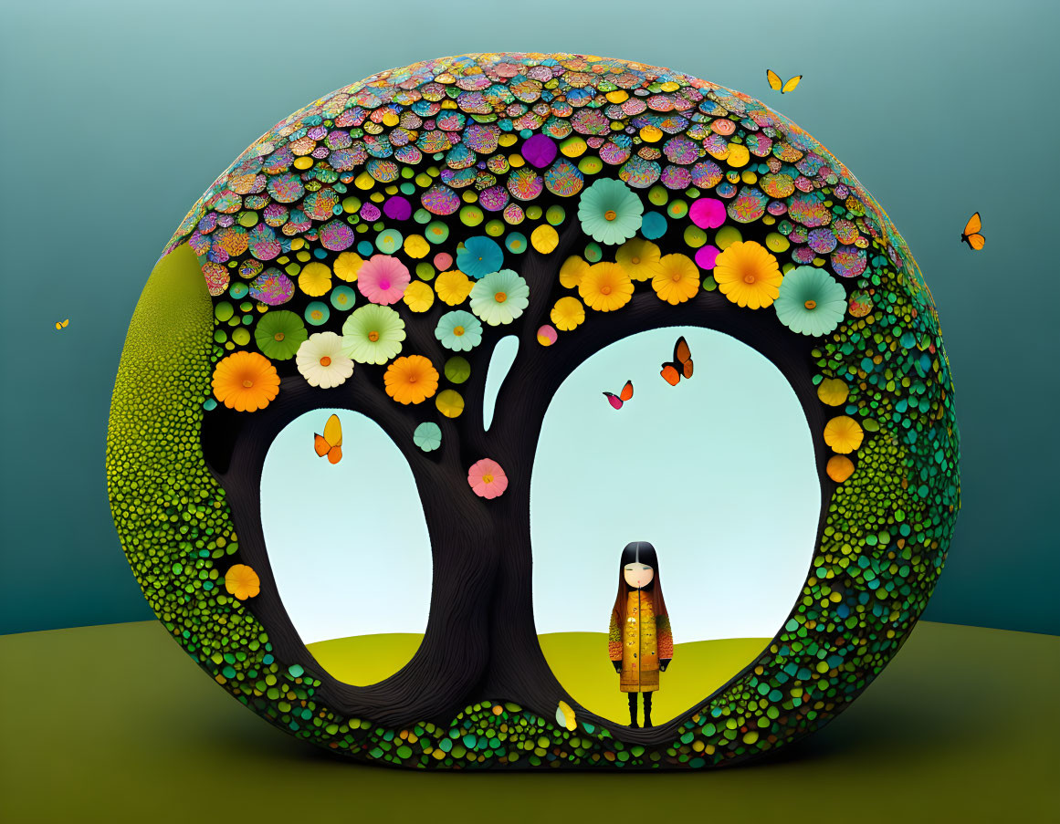 Colorful illustration of girl under vibrant tree tunnel with flowers and butterflies on teal backdrop