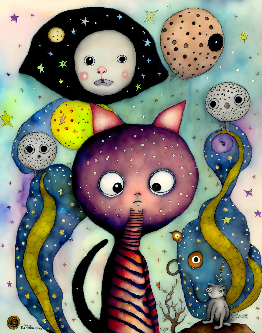 Surreal Artwork: Large-Eyed Purple Cat, Cosmic Figure, Celestial Bodies,