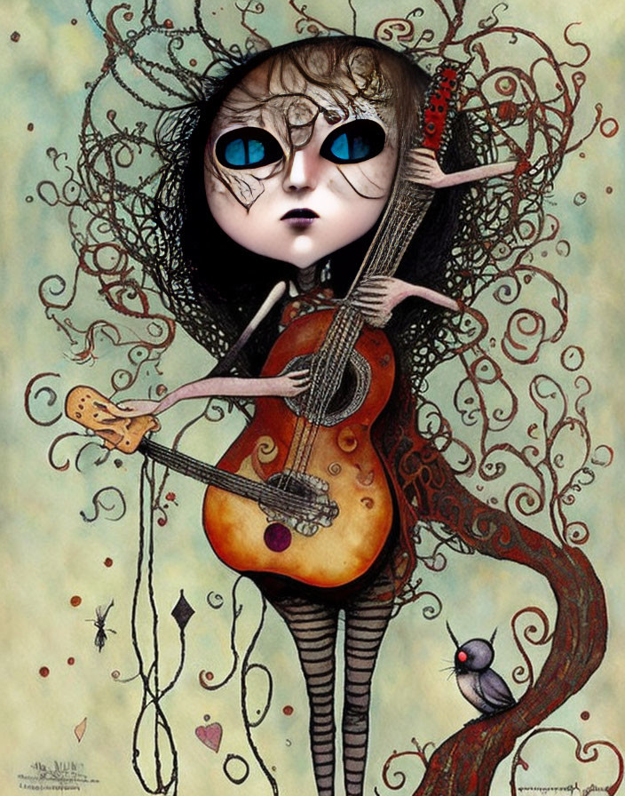 Exaggerated eyes surreal character with guitar in whimsical setting