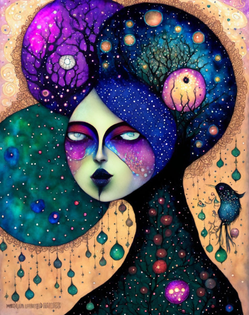 Female figure intertwined with cosmic and natural elements in vibrant colors.