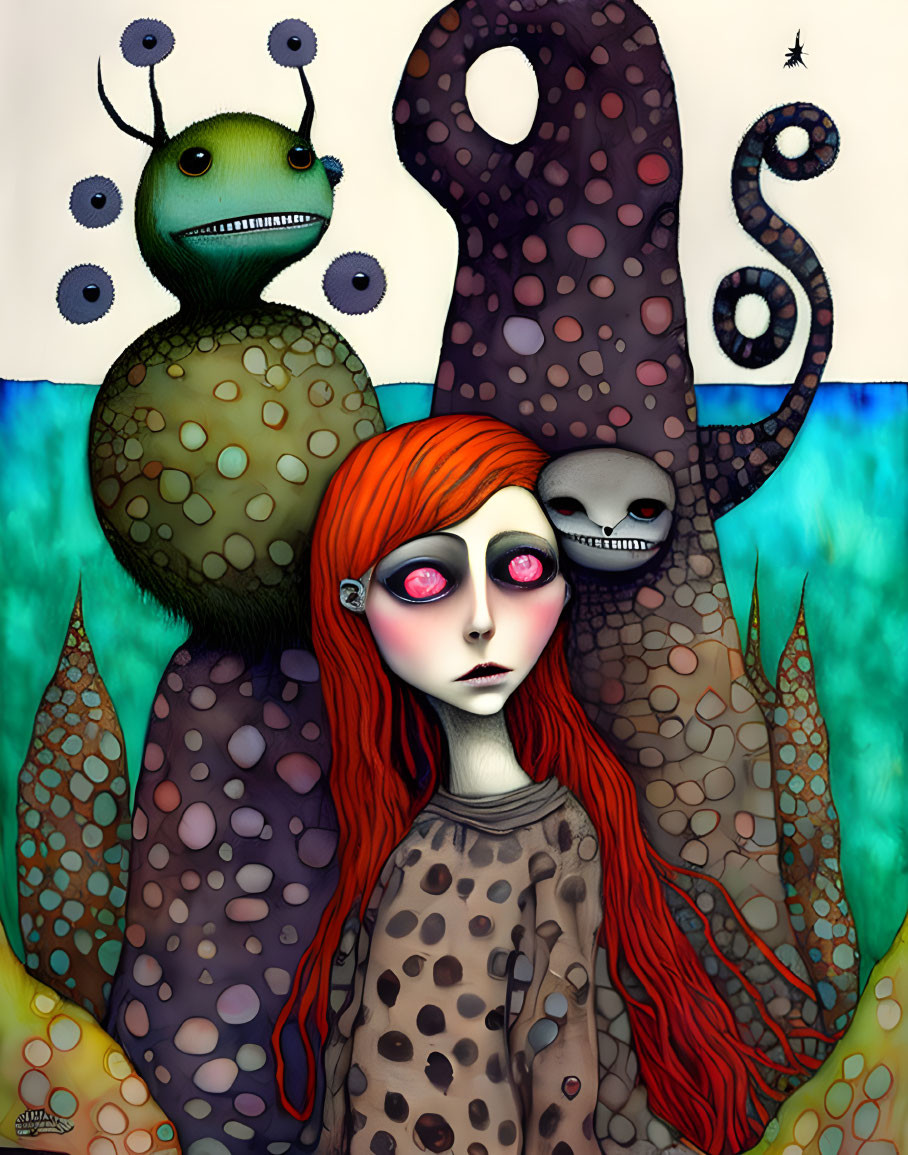 Surrealist artwork: red-haired figure, white eyes, whimsical creatures, blue and white backdrop